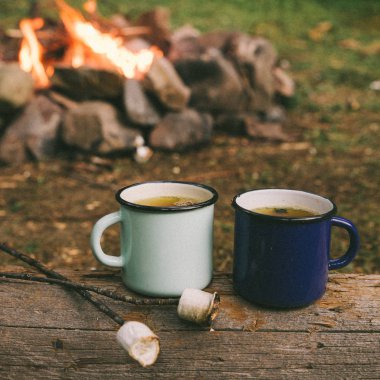 iki metal bardak çay ve marshmallow ile. arka plan üzerinde ateş. doğa ile Birliği