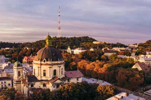 Vista Aérea Pôr Sol Acima Cidade Europeia Outono — Fotografia de Stock