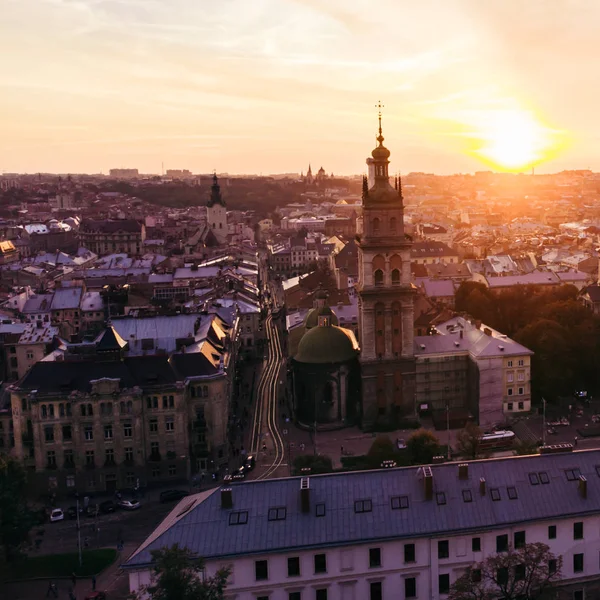 Воздушный Вид Закат Над Европейским Городом Старая Готическая Архитектура — стоковое фото