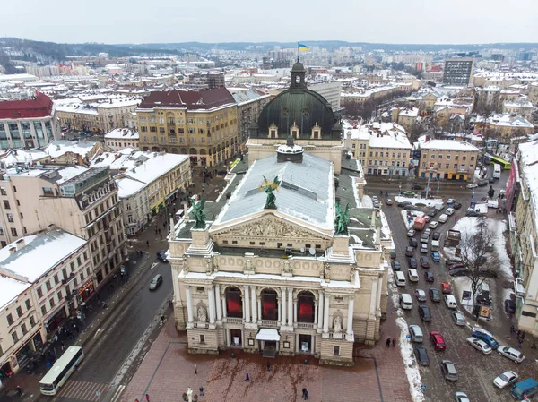 Velha Cidade Europeia Vista Aérea Tempo Inverno Telhados Neve — Fotografia de Stock