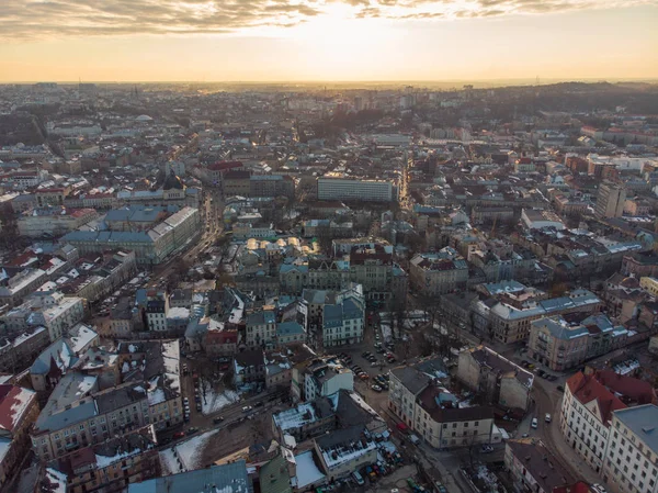 Красивий Захід Сонця Над Старим Європейським Містом Вид Очей Птахів — стокове фото
