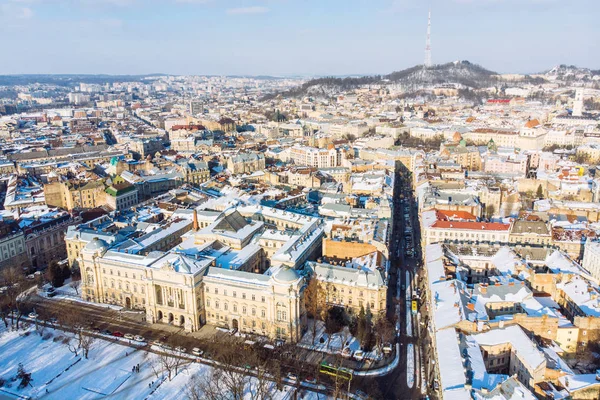 Pohled Ptačí Perspektivy Staré Evropské Město Zimě Západ Slunce — Stock fotografie