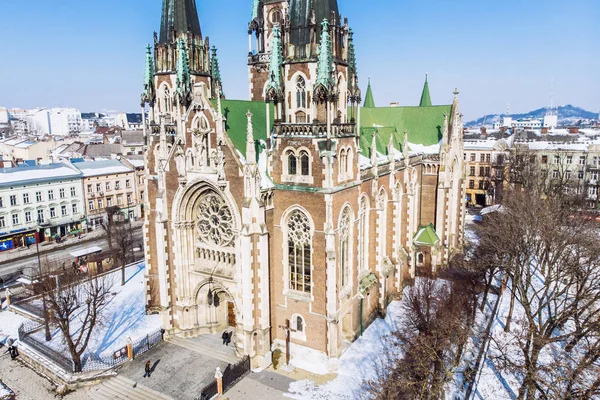 Vue Oiseau Sur Vieille Église Européenne Dans Journée Hiver — Photo