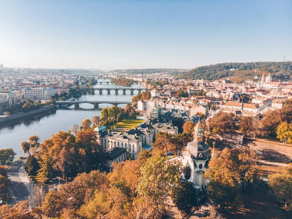 Aerial View Autumn Prague Vltava River Morning — Stock Photo, Image