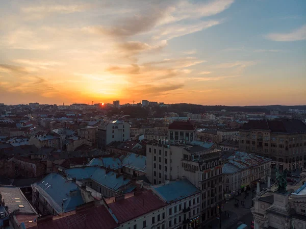 Skönhet Solnedgång Över Gammal Europeisk Stad Birds Eye View — Stockfoto