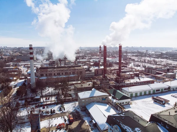 aerial view of smog pollution from city factory. winter time