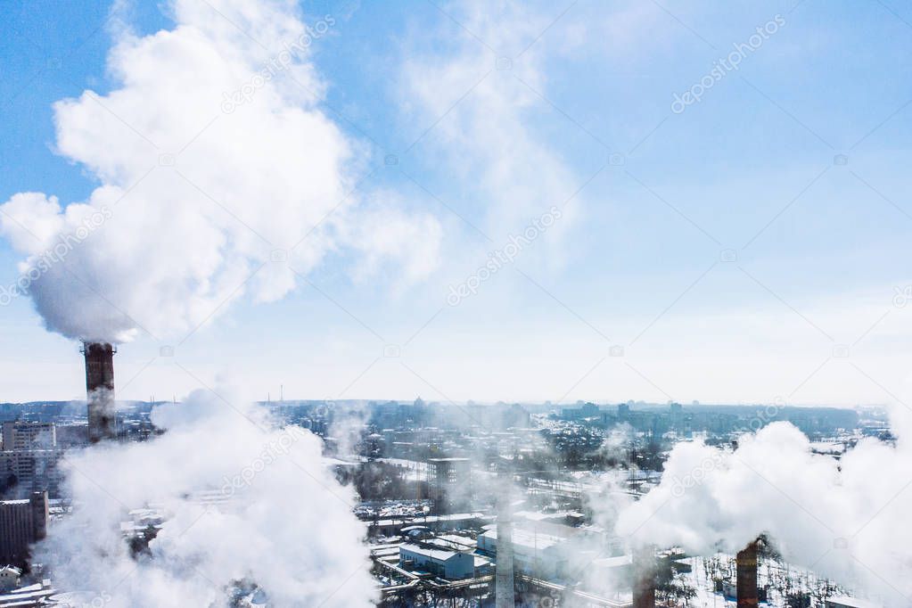 aerial view of smog pollution from city factory. winter time