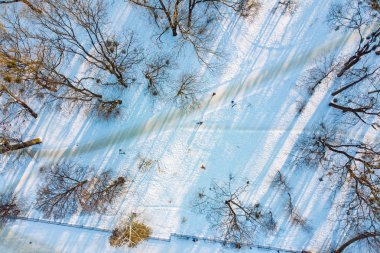 Şehir Parkı dron görünümü'nde kış günü günbatımı '