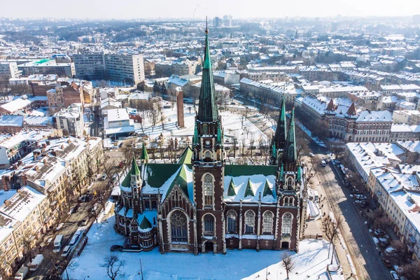 Vue Oiseau Sur Vieille Église Européenne Dans Journée Hiver — Photo