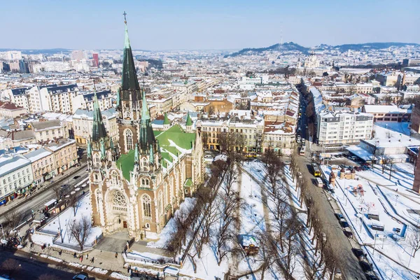 Visão Olho Pássaro Velha Igreja Europeia Dia Inverno — Fotografia de Stock