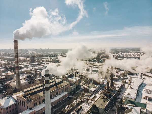 aerial view of smog pollution from city factory. winter time