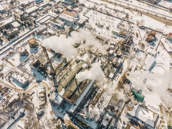 aerial view of smog pollution from city factory. winter time