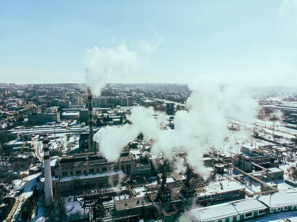 aerial view of smog pollution from city factory. winter time