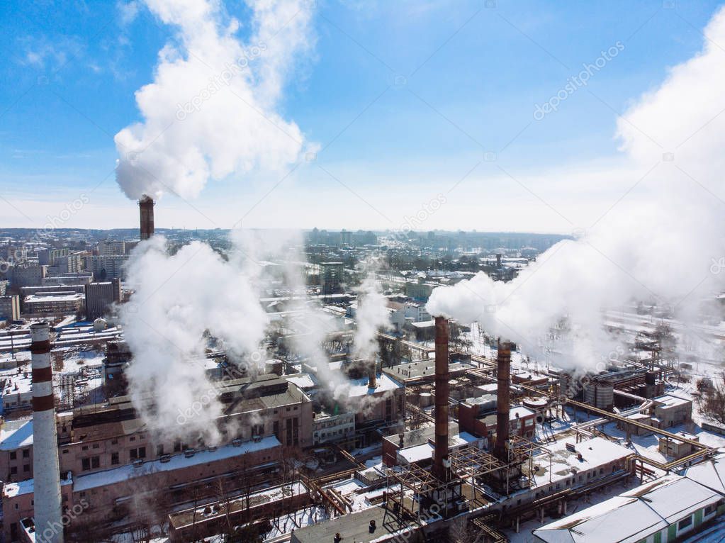 aerial view of smog pollution from city factory. winter time