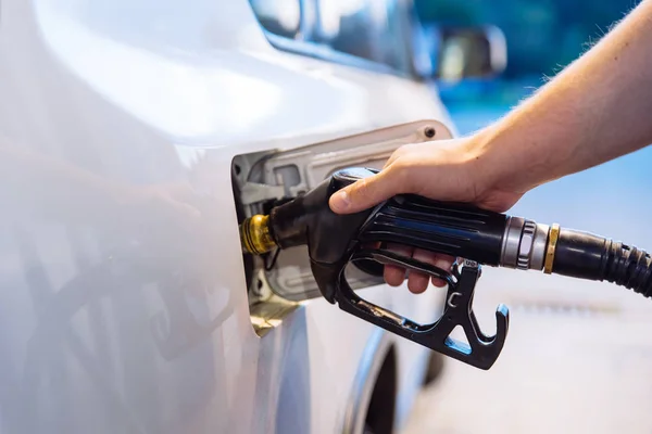 Man Fueling Car Evening Gas Station — Stock Photo, Image