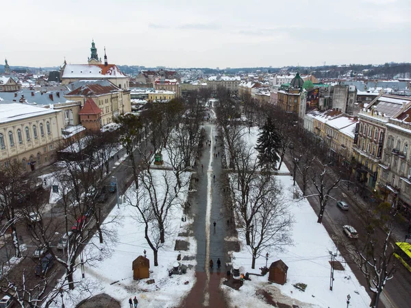 Vieille Ville Européenne Vue Aérienne Hiver Toits Enneigés — Photo