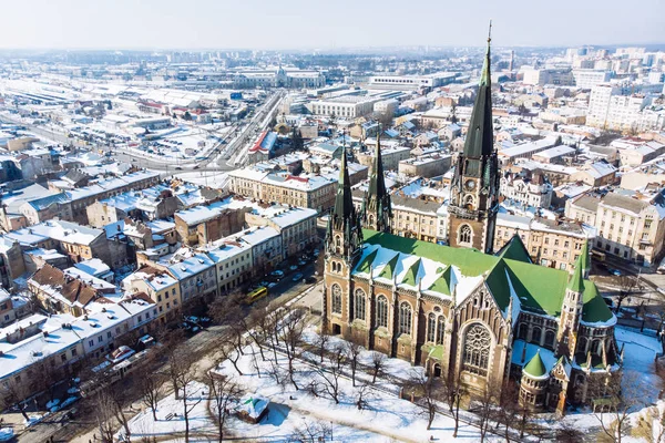 Vue Oiseau Sur Vieille Église Européenne Dans Journée Hiver — Photo