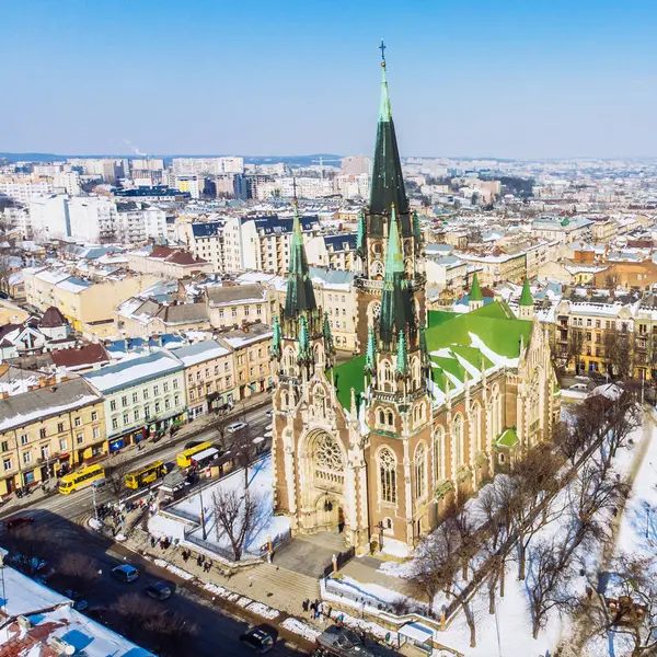 Bird Eye View Old European Church Winter Day — Stock Photo, Image