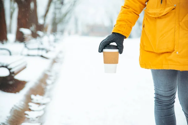 Mujer Caminando Por Parque Ciudad Nevada Con Taza Café Calentar — Foto de Stock