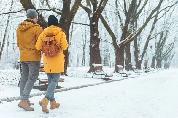 Paar Wandelen Door Gesneeuwde Stadspark Praten Socialiseren Romantische Datum Winter — Stockfoto