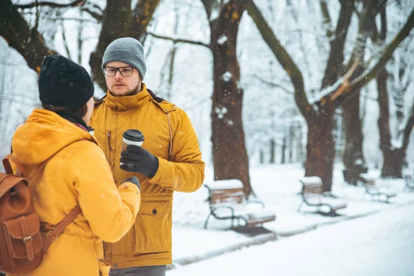 Couple Walking Snowed City Park Talking Socializing Romantic Date Winter — Stock Photo, Image