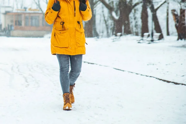 雪の公園で歩いている女性 後ろからを表示します バックパックします 冬のコンセプト — ストック写真