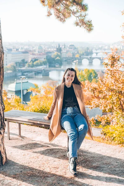 Smiling Woman Sitting Bench Beautiful View European City Autumn Sunny — Stock Photo, Image