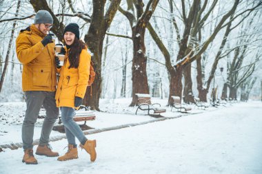 sosyalleşme konuşurken kar yağdı Şehir Parkı tarafından yürüme çift. romantik tarih kış zamanında. Noel geliyor