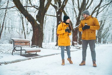 sosyalleşme konuşurken kar yağdı Şehir Parkı tarafından yürüme çift. romantik tarih kış zamanında. Noel geliyor