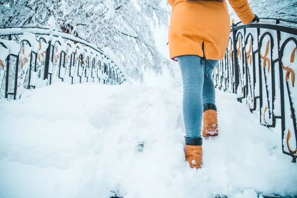 Женщина прогуливаясь по снежному городскому парку маленький мост через замерзшую реку — стоковое фото