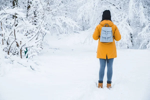 Mujer de pie en el bosque nevado mirando hacia adelante. vista desde atrás . — Foto de Stock