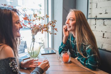 iki kız arkadaşım kafede içki ise bir çay konuşuyor. Toplantı kavramı