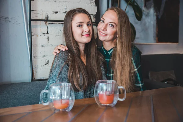 Couple Girlfriends Having Fun Sitting Cafe Drinking Fruit Tea Concept — Stock Photo, Image