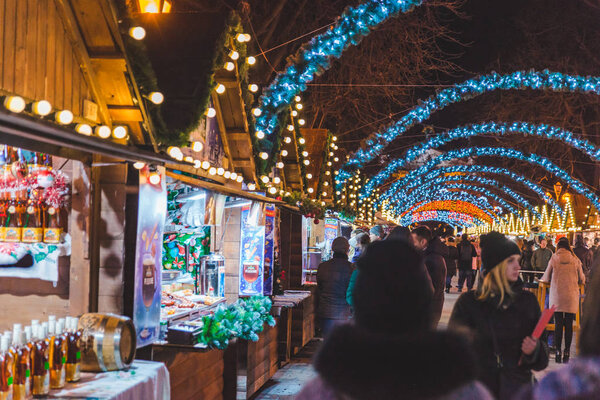 LVIV, UKRAINE - December 12, 2017: christmas festival at lviv square. market with street food concept