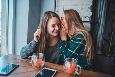 iki kız arkadaşım kafede içki ise bir çay konuşuyor. Toplantı kavramı