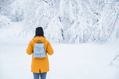 dört gözle kar yağdı ormanda duran kadın. arkadan görüntüleyin. kopya alanı
