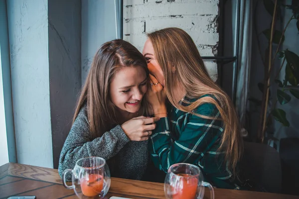 Two Young Women Whispering Secrets While Drinking Tea Cafe Warm — Stock Photo, Image