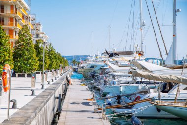 denizde yatlar için dock ile Plaj tesisi. avuç içi güneşli bir gün
