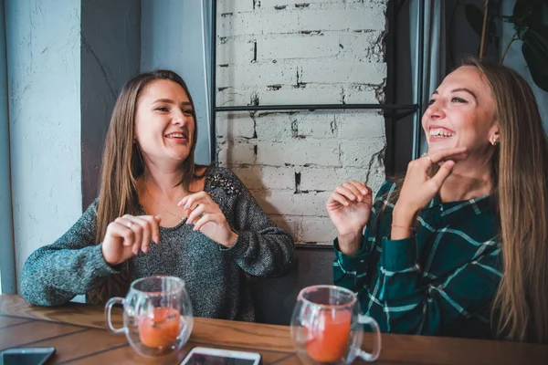 Two Girlfriends Talking Cafe While Drink Tea Meeting Concept — Stock Photo, Image