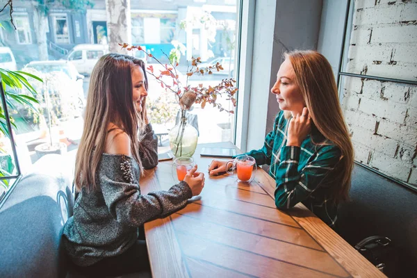 Two Girlfriends Talking Cafe While Drink Tea Meeting Concept — Stock Photo, Image