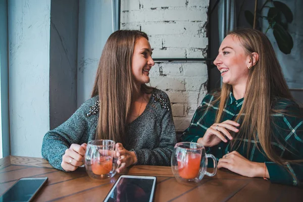 Two Girlfriends Talking Cafe While Drink Tea Meeting Concept — Stock Photo, Image