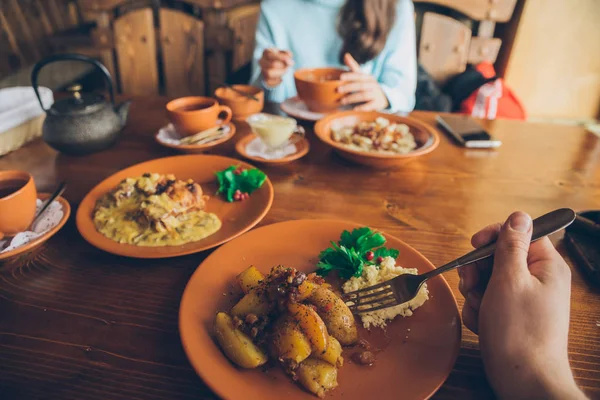 Couple Eating Cafe First Person Point View Lifestyle Man Hand — Stock Photo, Image