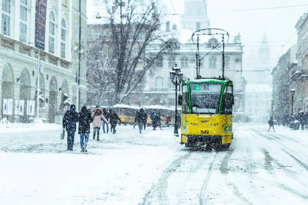 Lviv Oekraïne Maart 2018 Centrum Van Europese Stad Vallende Sneeuw — Stockfoto