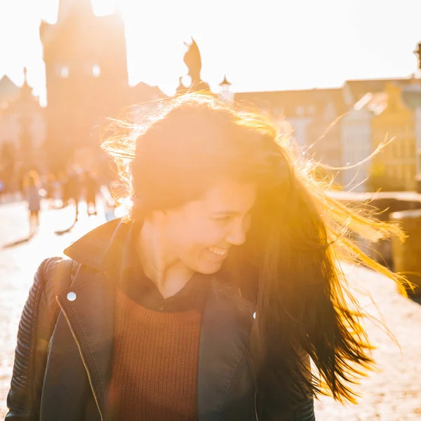 Woman Portrait Sunrise Messy Hair Because Wind Close — Stock Photo, Image