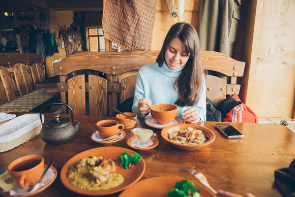 Woman Sitting Cafe Eating Warm Soup Lifestyle — Stock Photo, Image
