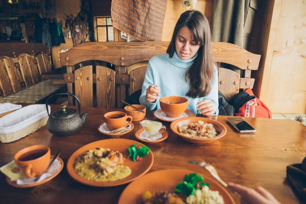 Woman Sitting Cafe Eating Warm Soup Lifestyle — Stock Photo, Image