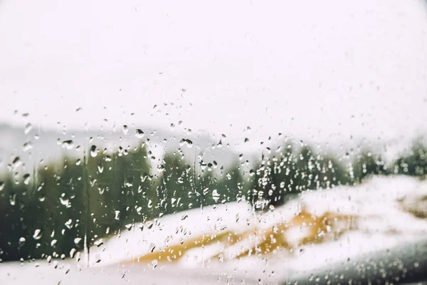 Gotas Húmedas Vidrio Ventana Invierno Con Campo Nevado Sobre Textura —  Fotos de Stock