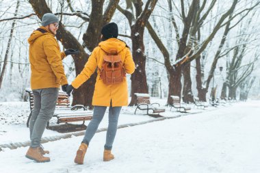 sosyalleşme konuşurken kar yağdı Şehir Parkı tarafından yürüme çift. romantik tarih kış zamanında. Noel geliyor