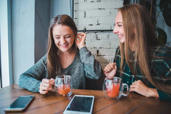 Dwie Koleżanki Mówią Café Podczas Picia Herbaty Koncepcja Spotkania — Zdjęcie stockowe