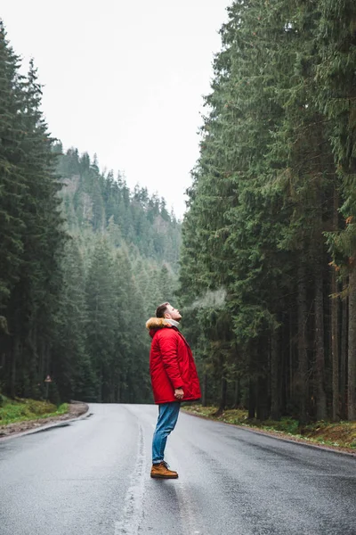Людина Червоному Пальто Йде Дорозі Лісі Дощову Зимову Погоду Концепція — стокове фото